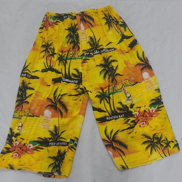 Tropical Yellow Beach Shorts Unisex Elastic Waist Palm Trees Hi Rise Jamica - Picture 2 of 7